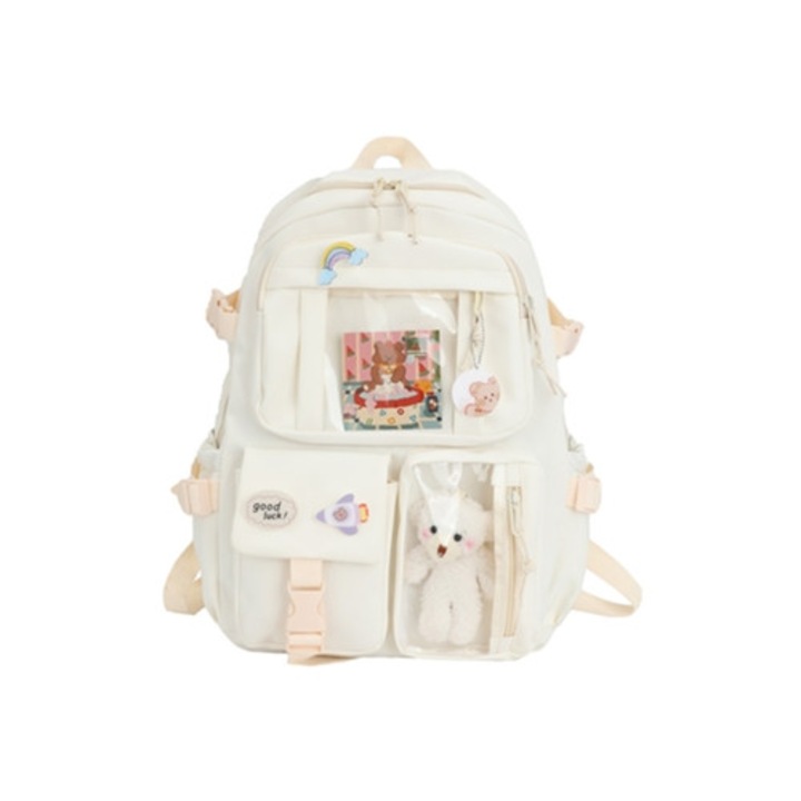 Ghiozdan Kawaii cu Accesorii Urs, Capacitate Mare, Multicameral, pentru Fete Adolescente