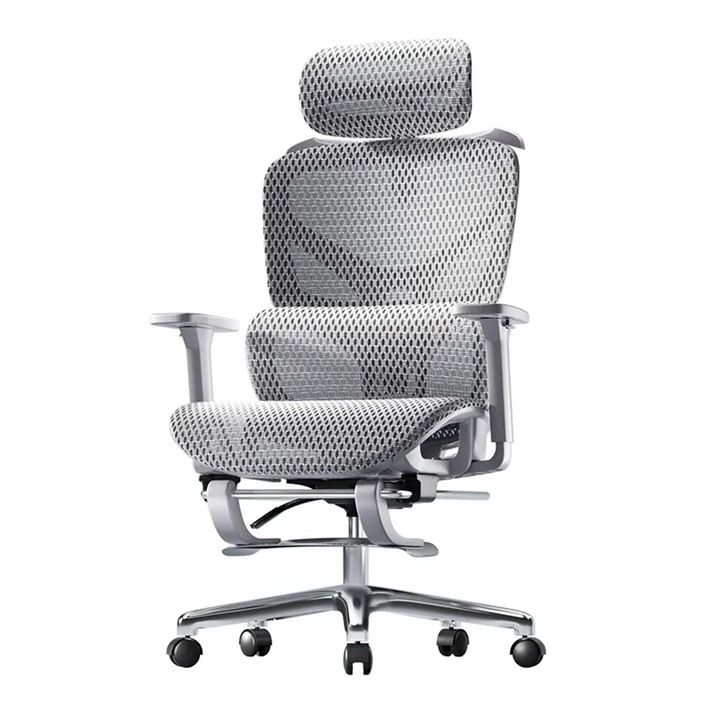 Ергономичен офис стол Timebox, Дишаща мрежа, Облегалка за глава, 4D подлакътник, Регулиране на височината и дълбочината на седалката, Сгъваема поставка за крака, Облегалка с регулируема лумбална опора, Въртящ се с колелца, Сив