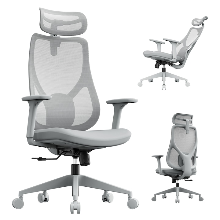 Стол за офис SENSE7 MOYO, ергономичен, сив, 150 кг, с лумбална опора, регулируема облегалка за глава