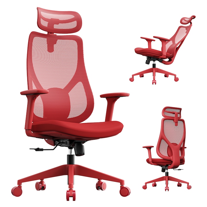 Scaun de Birou SENSE7 MOYO, Ergonomic Mesh, Greutate maxima 150 kg, cu suport lombar, cu tetiera reglabila, cu spatar reglabil unghi 90-123°, rotativ, cu mecanism de blocare, cu cotiere reglabile, Rosu