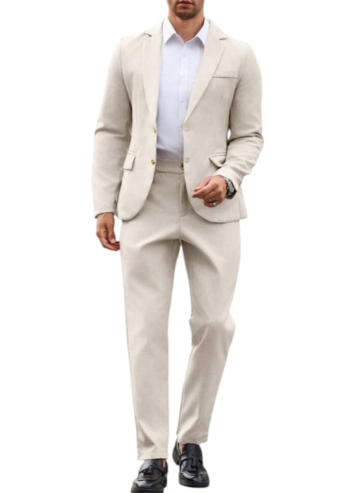 Costum barbati, din doua piese, subtire, croi drept, bej, M