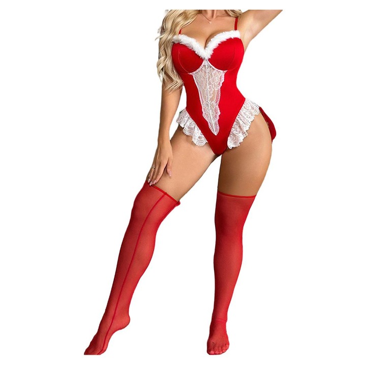 Body din dantelă, cu ciorapi plasa, roșu/alb, L