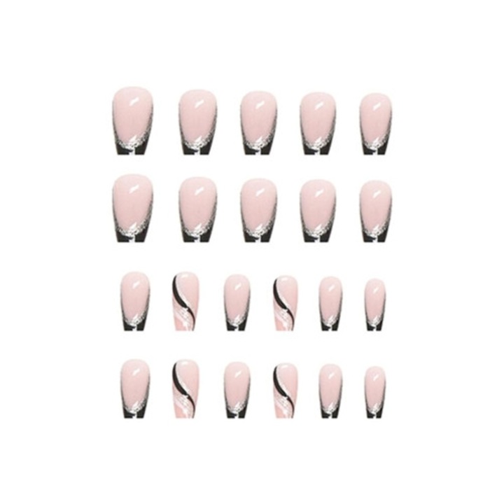 Set 24 unghii false Rymaup cu glitter si design spiralat, unghii acrilice satin.