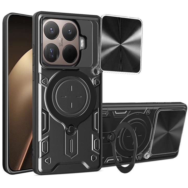 Калъф за Xiaomi 15T Pro със защита на камерата и интегрирана магнитна стойка Ring Shockproof, черен