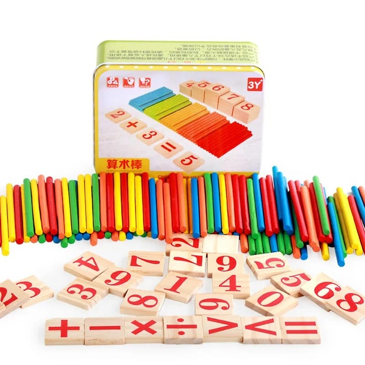 Set educativ 100 betisoare din lemn colorate + placute cu cifre si semne matematice, in cutie metalica, pentru numarare si calcule – joc didactic 3+ ani