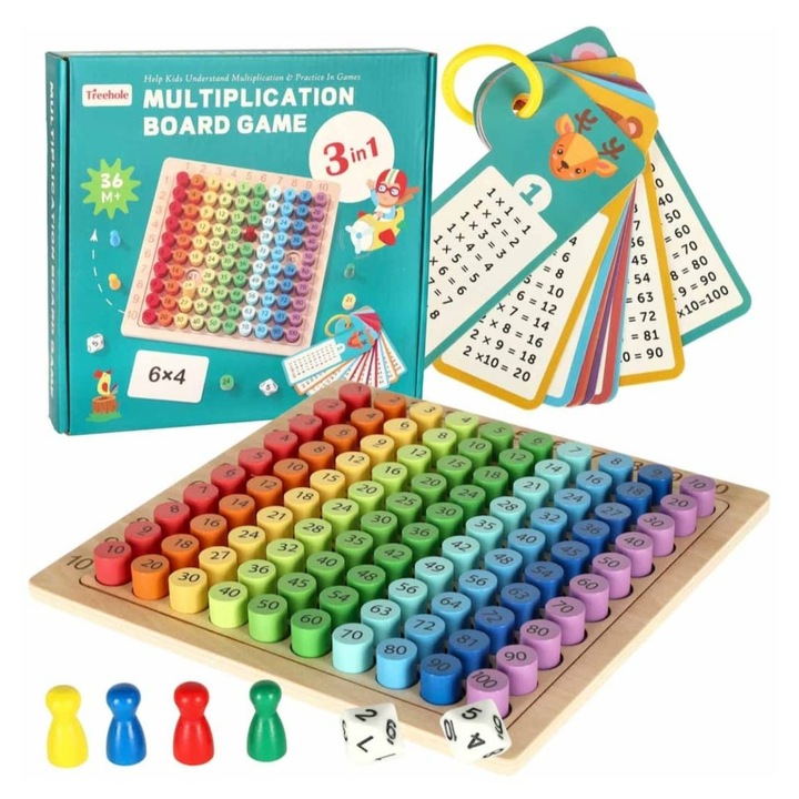 Joc educativ tabla inmultirii din lemn, colorat, cu accesorii si zaruri, 100 pioni, pentru copii 3+, 22.5x22.5 cm