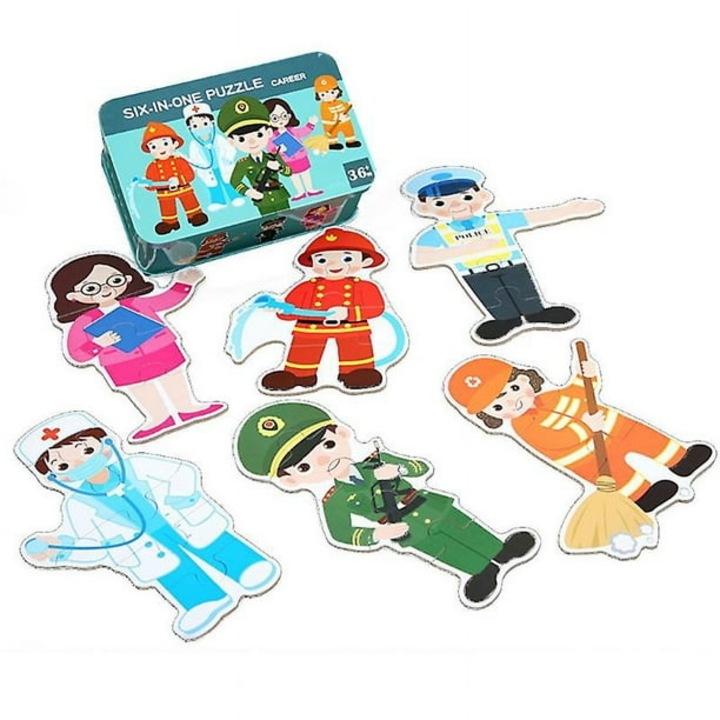 Set 6 puzzle-uri educative pentru copii – Profesii si meserii, in cutie metalica, 3+ ani, piese mari, viu colorate