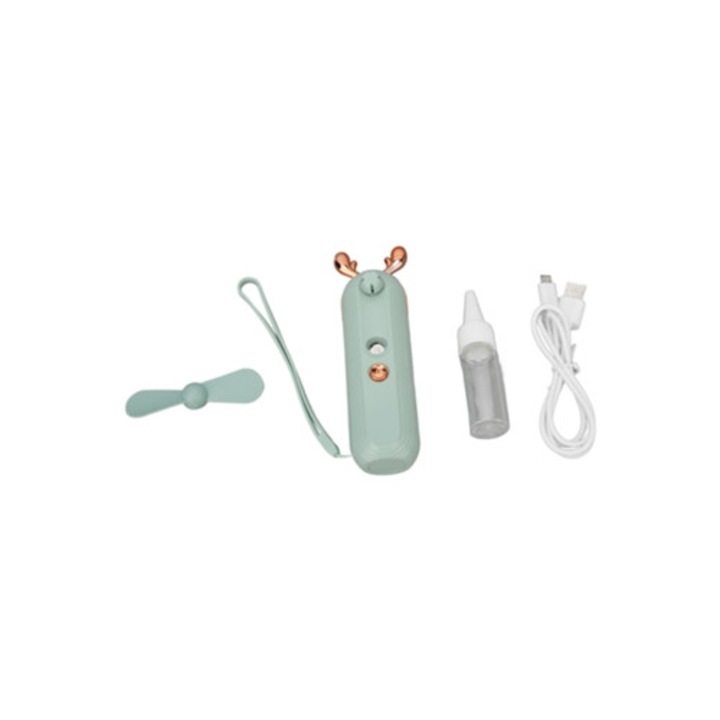 Hordozható ventilátor, zöld rajzfilm design, PVC, újratölthető