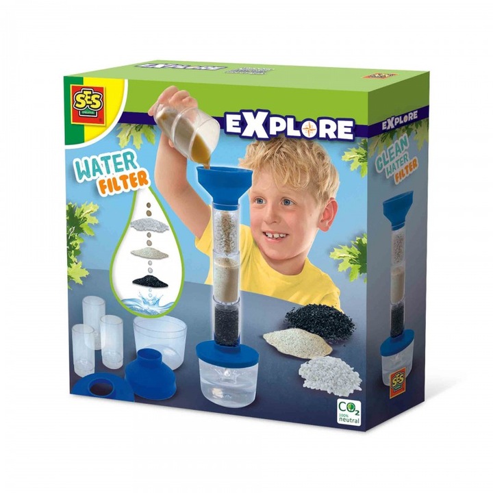 Set educativ pentru copii, Filtru de apa din 6 parti, include pietre de granit, nisip de portelan, carbune activ, +8 ani