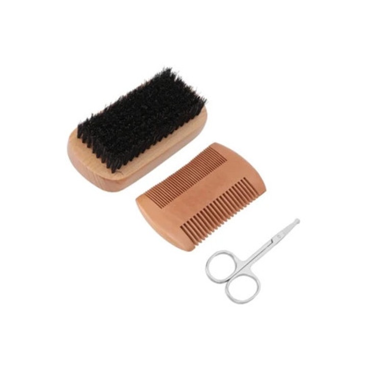 Set perie, pieptene pentru barba cu foarfece, 3 piese