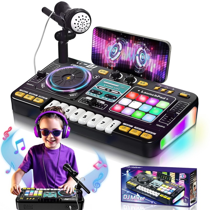 Set Mixer Interactiv de DJ Pentru Copii, Cu Lumini, Efecte de Sunet, MorFansi®, Turntable, Instrumente de Percutie, 8 Clape Pian, Microfon, Bluetooth, 35,5x21x9,5 cm, Incarcare USB, 3 ani+, Negru