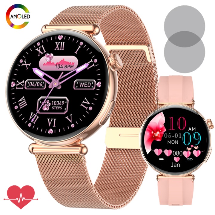 Смарт часовник за жени Zenark MED EX 9 PRO, AMOLED Ultra HD 4K екран, ЕКГ и сърдечен ритъм, златист, 1.32 инча, комплект с 2 каишки