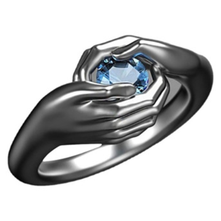 Inel cu zirconii albastri, forma de maini imbratisand