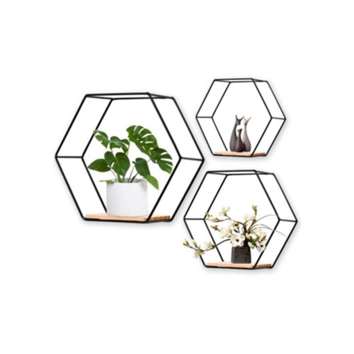 Set rafturi hexagonale pentru decorare perete, stil rustic, constructie din fier si metal