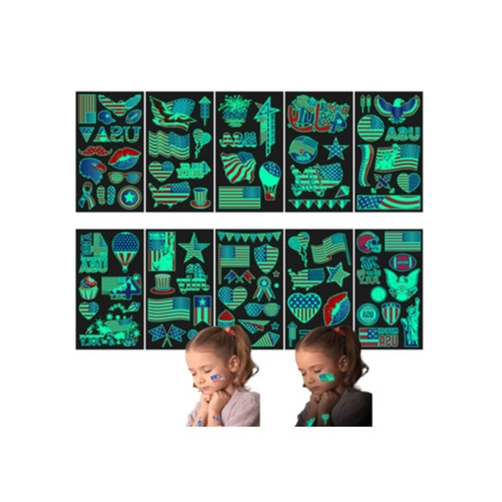 Set 10 Tatuaje Temporare Glitter 4 Iulie, Patriotic, Steag SUA, Rosu