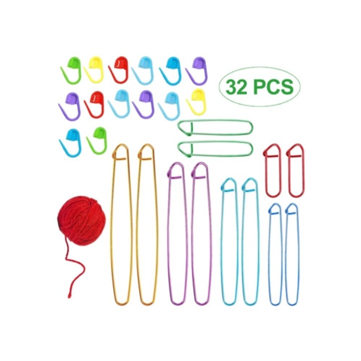 Set de 12 suporturi pentru crosetat din aluminiu, multicolor, cu 20 de marcatori pentru crosetat