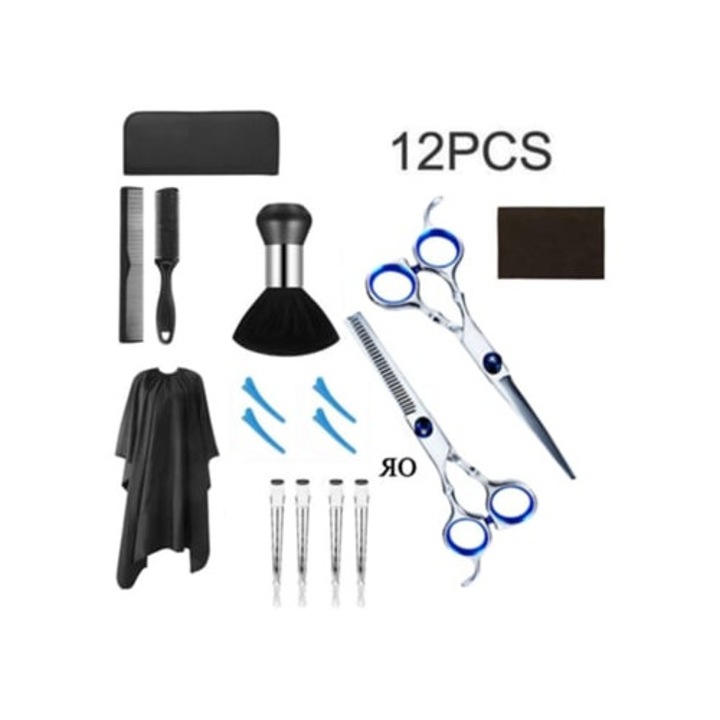 Set de 12 foarfeci din otel inoxidabil pentru tuns si subtiere, multicolor