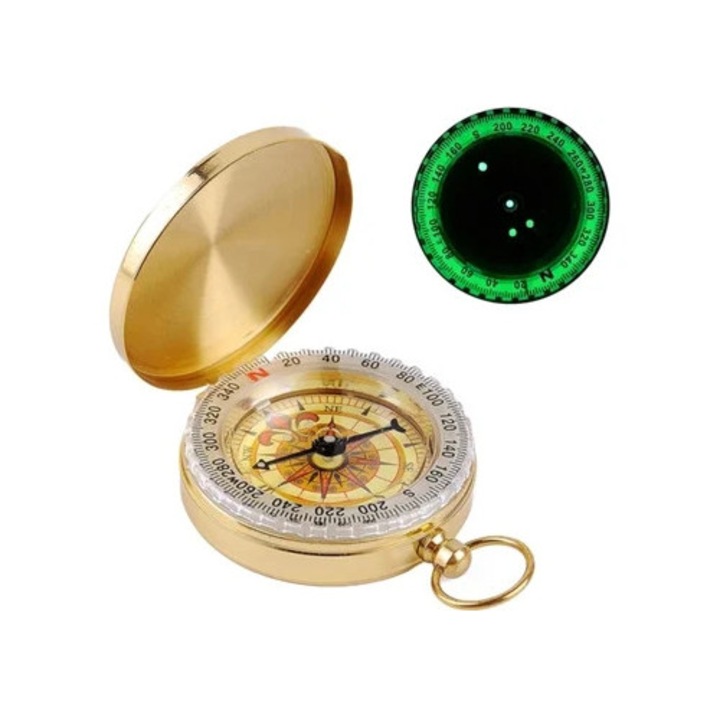 Klasszikus sárgaréz iránytű, többfunkciós navigációs eszköz, villogó fénnyel, kempingezéshez és túrázáshoz.