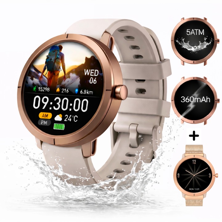 Ceas Smartwatch Femei DM76, Sport si Inot, Apeluri Bluetooth, Rezistent la Apa 5ATM, Ecran AMOLED 1.32" 466x466, Notificari Wireless, Ceas Inteligent Dama Fitness, GPS integrat Multi-Satelit-Drumetii,170+Moduri Sportive, Monitorizarea Sanatatii, Auriu
