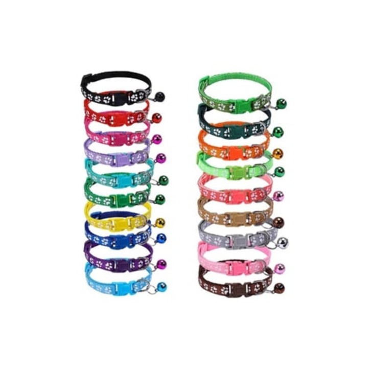 Set zgarzi de identificare ajustabile pentru catei 19-32cm, cu clopotel, nylon moale reflectorizant, 19 bucati