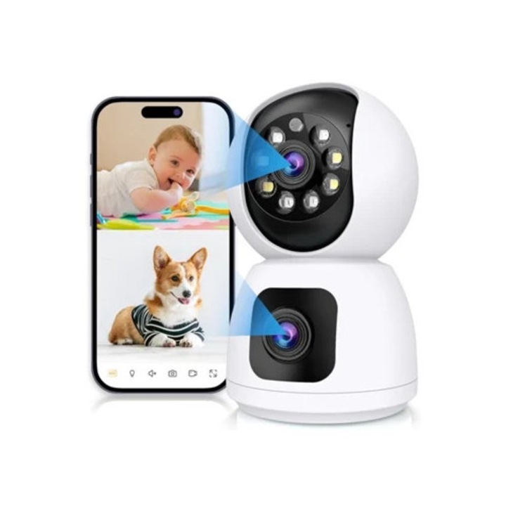 Cameră de supraveghere interioară cu două obiective, Full HD 2K, urmarire automată, stocare în cloud