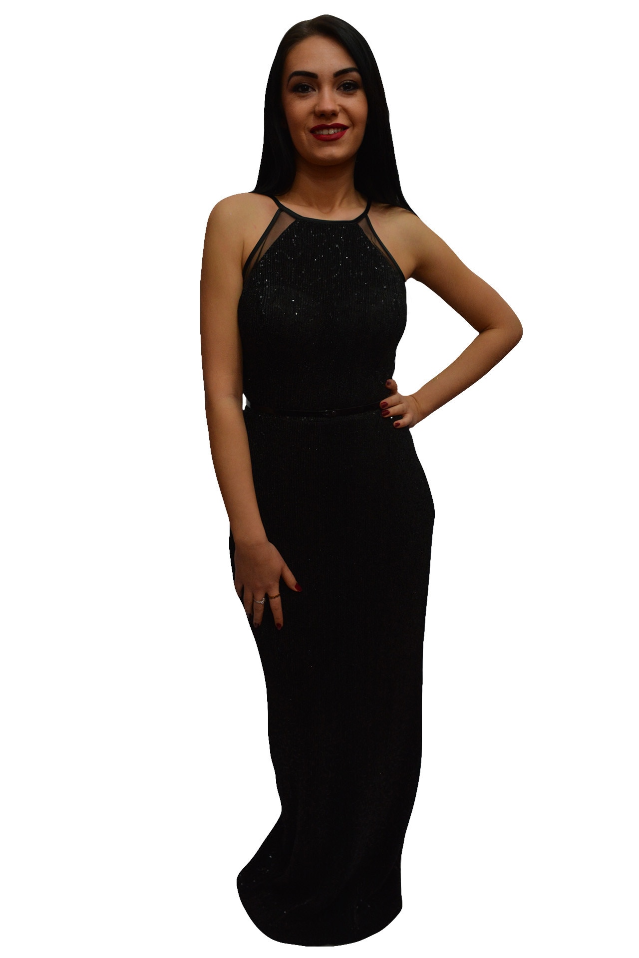 Rochie lunga de ocazie cu paiete aplicate,D&J Exclusive, Negru