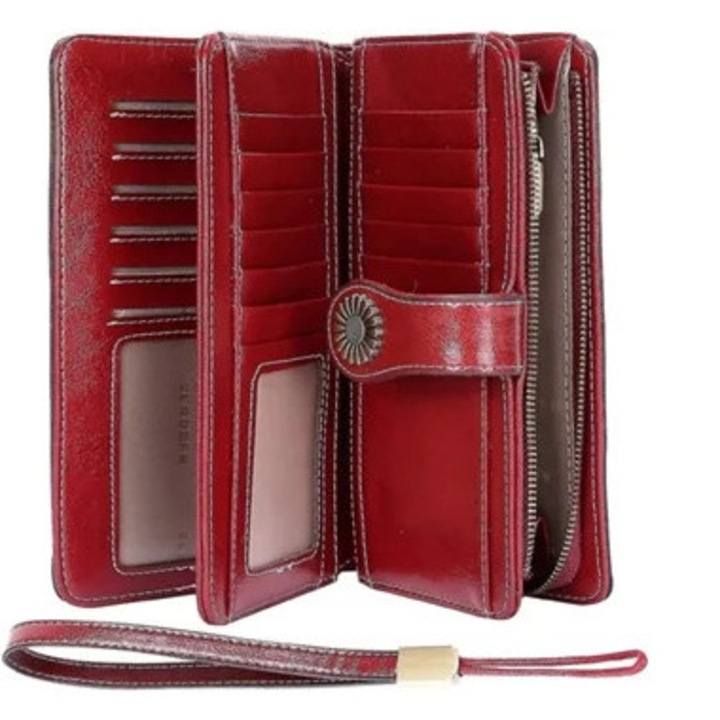 Дамски портфейл голям капацитет, естествена кожа, RFID, Кафяв, Единичен размер