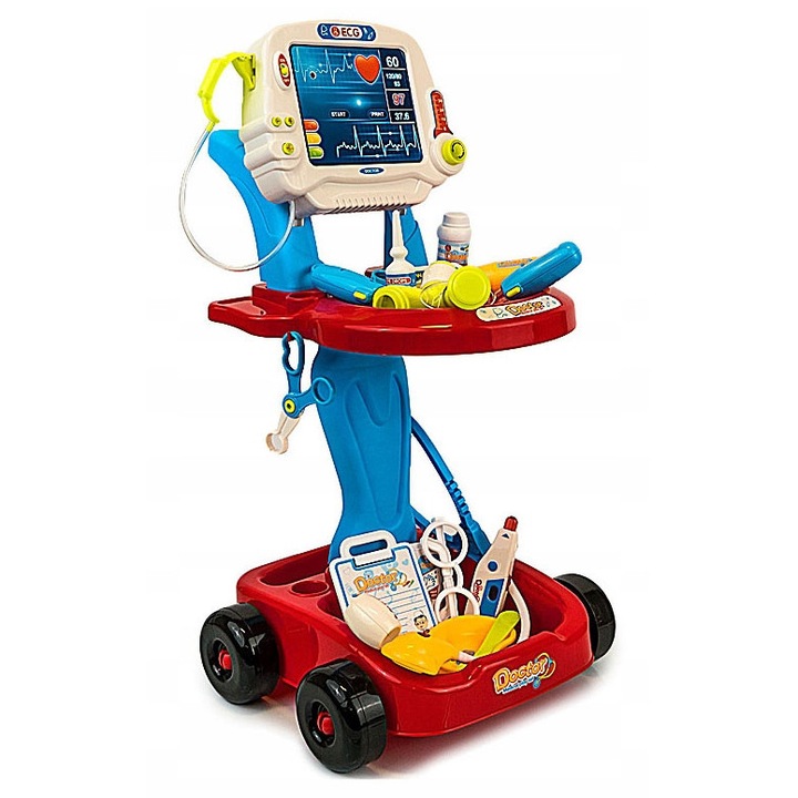 Kis orvosi készlet EKG képernyővel, kiegészítőkkel, kocsi, orvos játék gyerekeknek. 3+