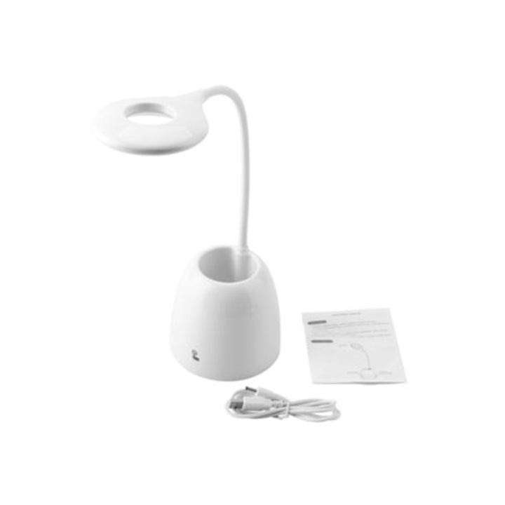 Veioza LED mini cu suport pentru pix, comutator tactil, port USB, alb