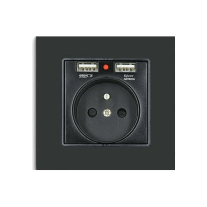 Prize USB cu panou din sticla temperata, 110V-250V, 16A, transparent, negru