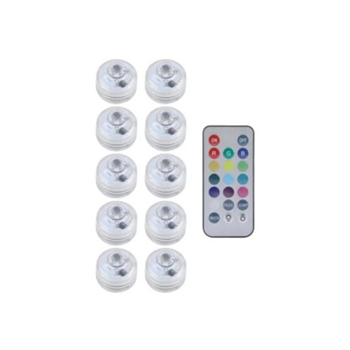 Set de 10 lumanari LED rotunde impermeabile cu lumina submersibila si telecomanda, colorate