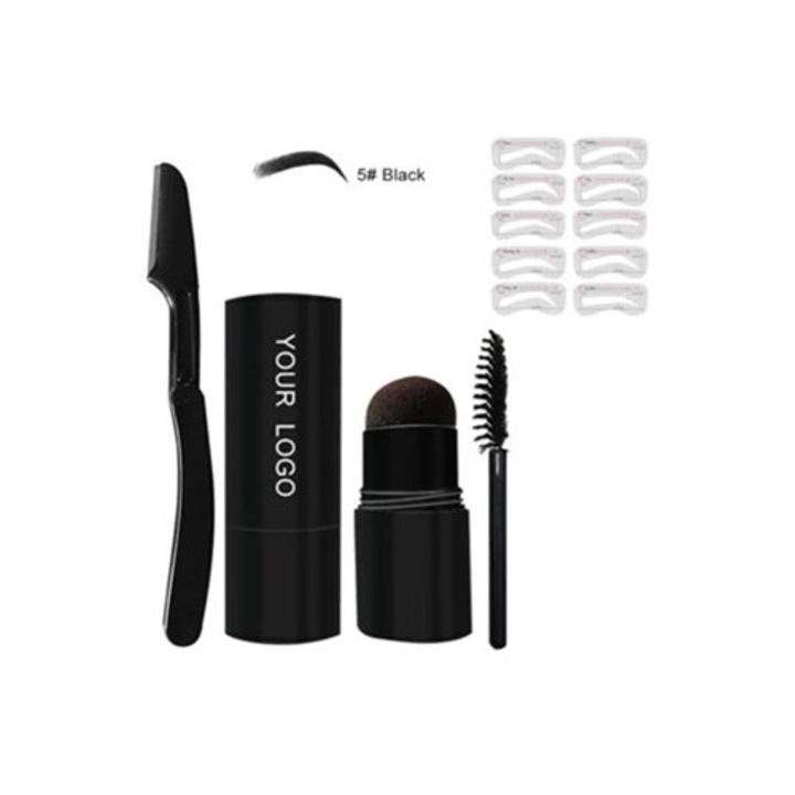 Kit stampila si sabloane pentru sprancene cu pudra de umbrire rezistenta la apa, pentru definire perfecta, negru