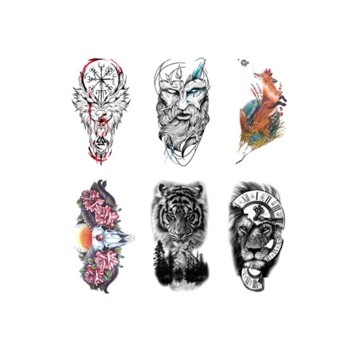 Tatuaje temporare, Skull si trandafir, set de 6 foi mari, impermeabile, pentru adulti, negru