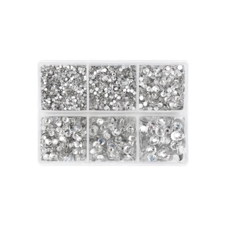 Set strasuri rotunde din sticla, diverse dimensiuni, pentru decorare unghii, imbracaminte/incaltaminte/genti/bijuterii, argintiu