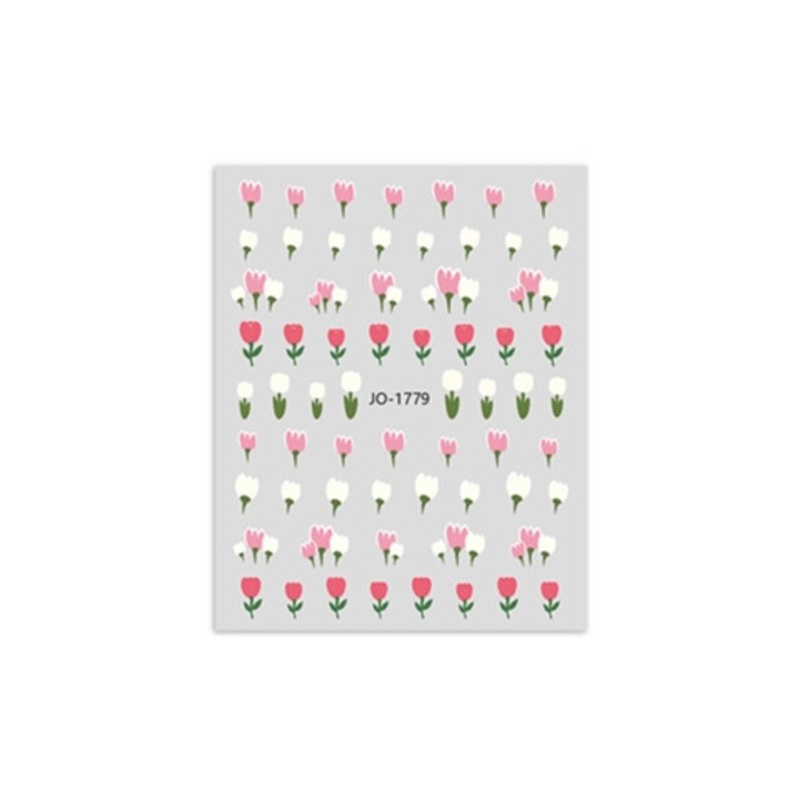 Set autocolante 3D pentru decor unghii, flori de primavara cu frunze, rosu/roz/alb