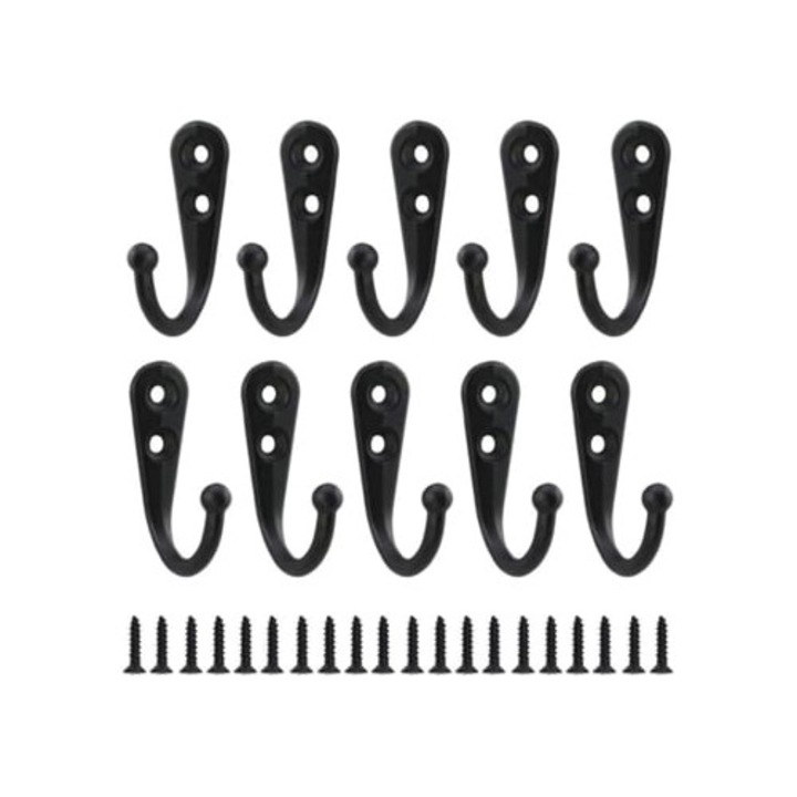 Set 10 cuiere metalice retro negre cu suruburi pentru baie si dulap