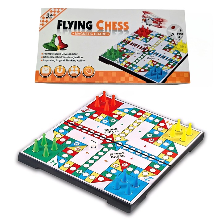 Магнитна игра на шах Flying Chess - Сгъваема дъска, 2-4 играчи, Образователна, Интерактивна, Забавна