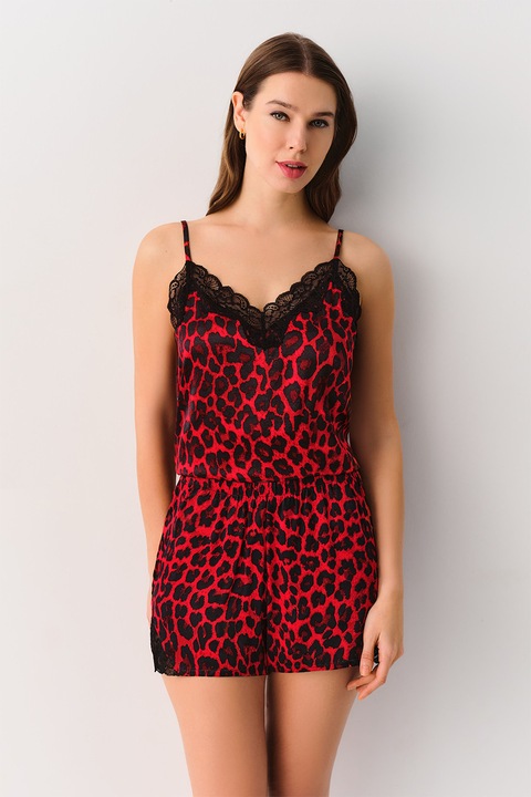 Suwen, Pantaloni scurti de pijama cu model animal print si insertii din dantela, Rosu/Negru