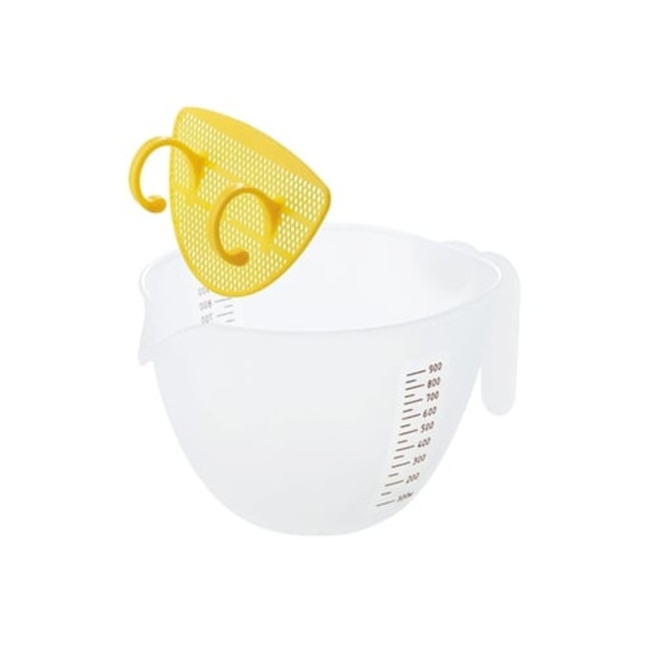 Bol de amestec cu manere, bol pentru albusuri cu sita si cana de masurat din plastic, accesorii de bucatarie