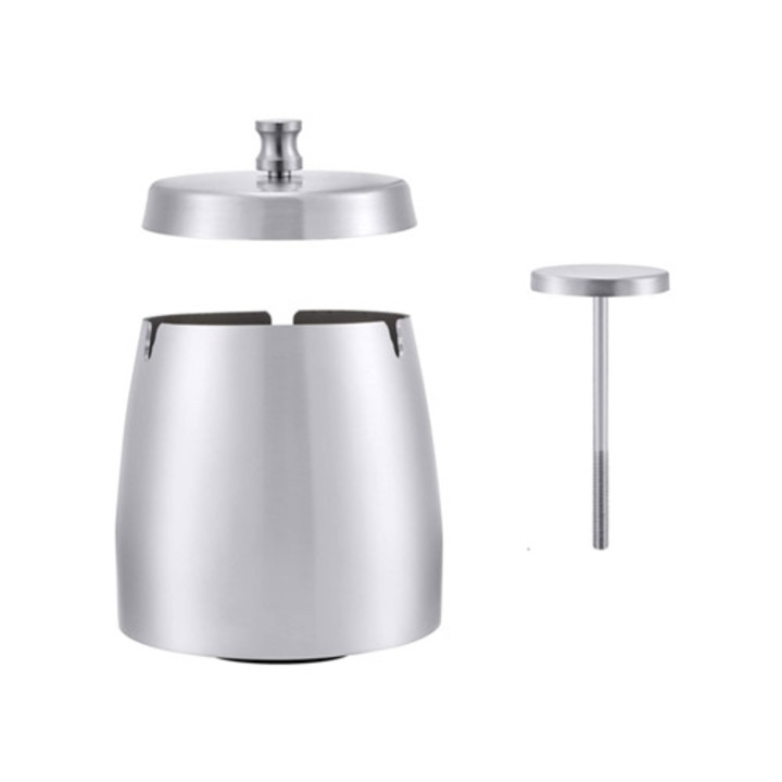 Scrumiera din otel inoxidabil cu capac, rezistenta la vant, moderna, argintie, pentru interior si exterior