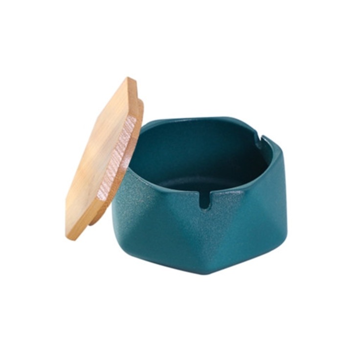 Scrumiera ceramica cu capac, design geometric, rezistent la vant, portabila pentru birou si acasa