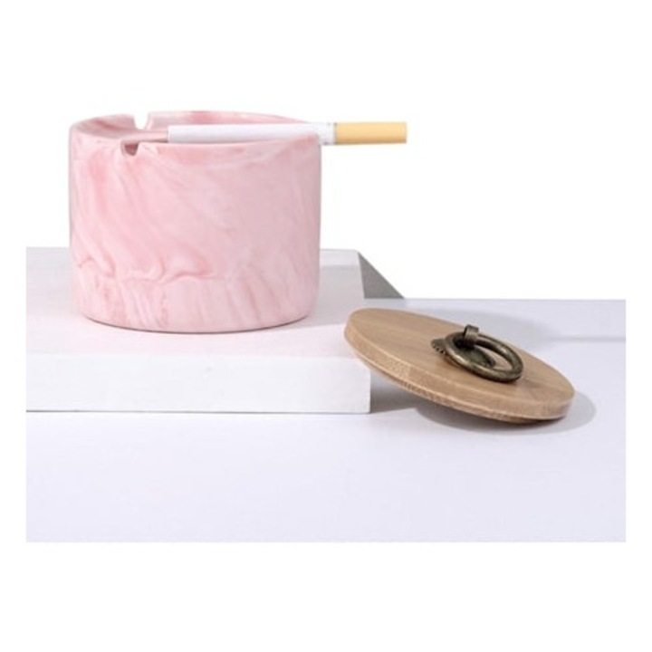 Scrumiera ceramica cu capac, rezistenta la vant, design marmorat, pentru interior sau exterior