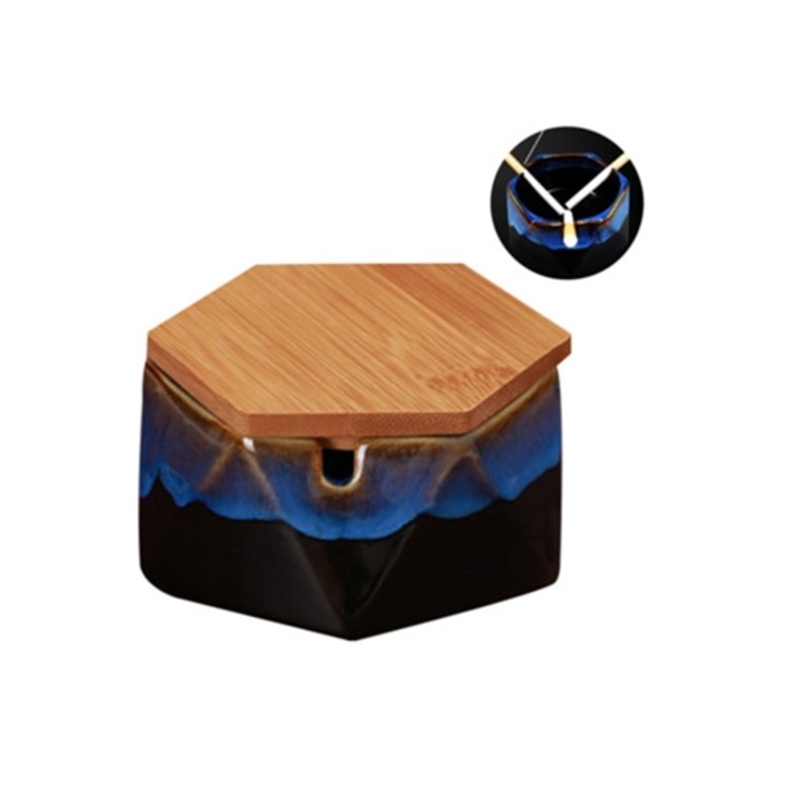 Scrumiera ceramica cu capac, design geometric rezistent la vant, gradient de culoare, portabila pentru birou si acasa