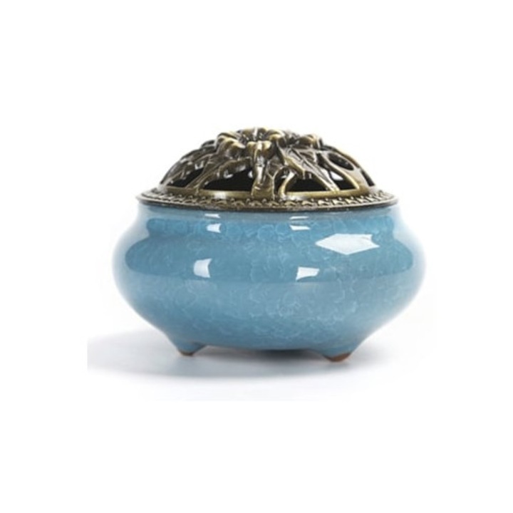 Arzator de tamaie, ceramica/cupru, 10x10x15 cm, albastru