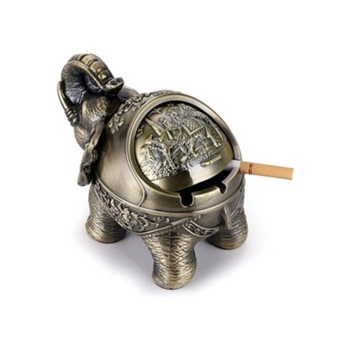 Scrumiera decorativa vintage, design cu elefant, aliaj de zinc, capac unic, 10x10x5cm