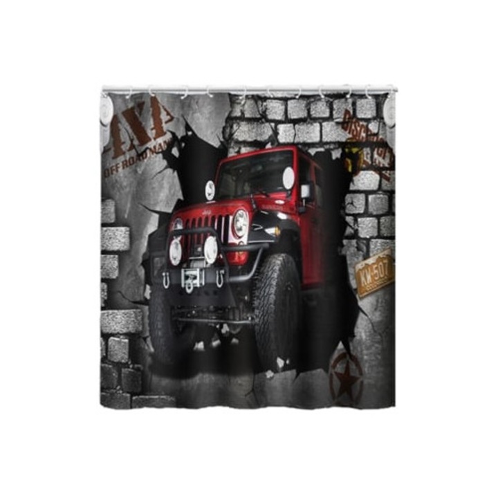 Cortina de dus cu masini, design graffiti, stil urban, 70x70cm, set cu carlige