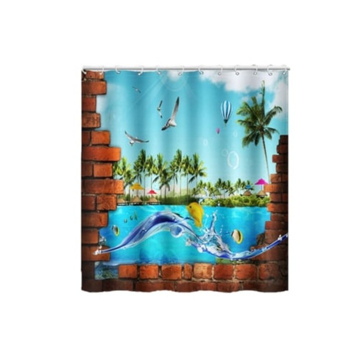 3D Завеса за душ Подводен свят, миещ се и водоустойчив материал, 72x72 инча, комплект с 12 бели кукички