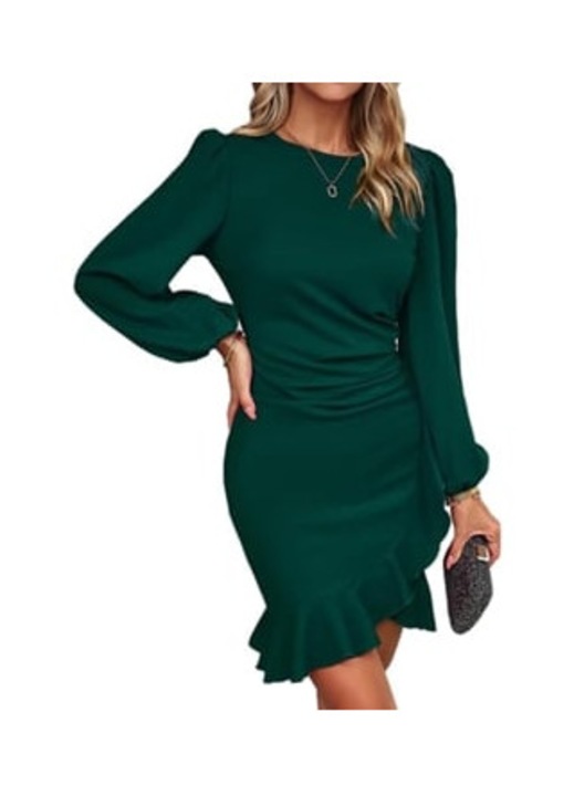 Rochie scurta bodycon, maneci lungi, incretit, verde, poliester, Verde