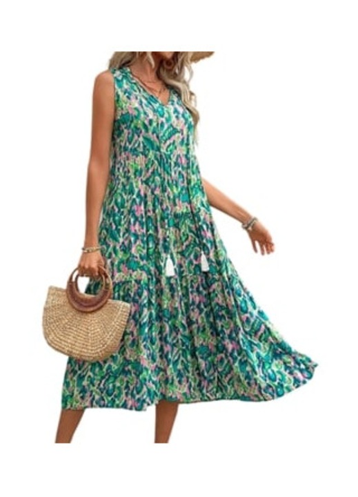 Rochie lunga dama, casual boema, verde, bumbac, M INTL