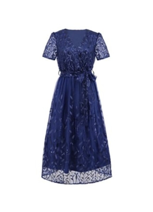 Rochie dama, decolteu in V, frunze brodate, paiete albastre, M INTL